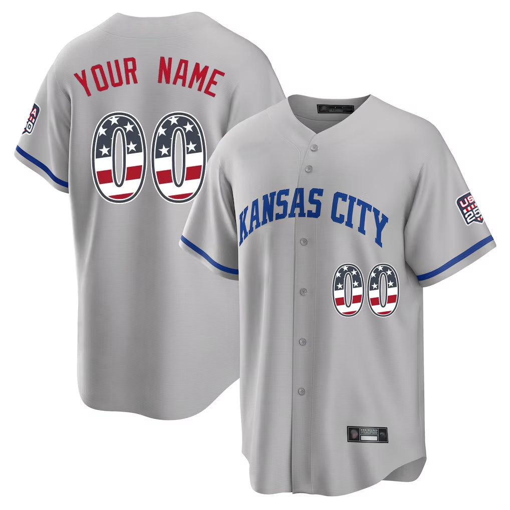 Custom KC.Royals Gray USA 250 Fourth of July Limited Home Game Any Name & Number Gdoa Stitched Jerseys