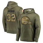 C.Browns #32 Jim Brown Player Olive Salute to Service Pullover Hoodies Home Game Gdoa Stitched Jerseys