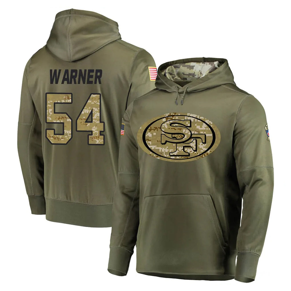 SF.49ers #54 Fred Warner Player Olive Salute to Service Pullover Hoodie Home Game Gdoa Stitched Jerseys