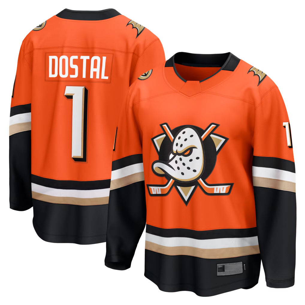 Gdoa A.Ducks #1 Lukas Dostal Orange Home Breakaway Jerseys