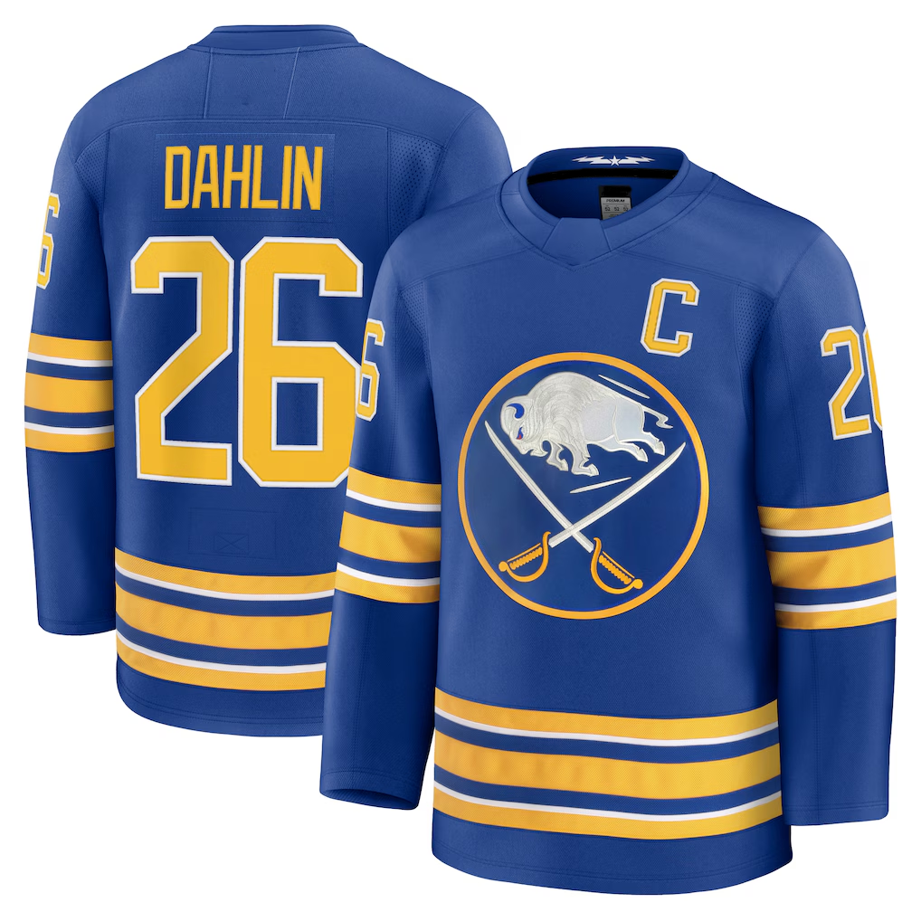 Gdoa B.Sabres #26 Rasmus Dahlin Royal Premium with Captain's Patch Stitched Jerseys