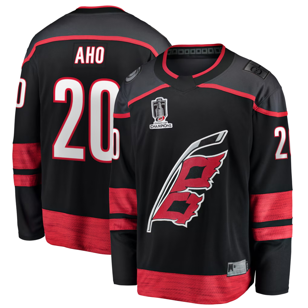 Gdoa C.Hurricanes #20 Sebastian Aho Black 2026 Stanley Cup Champions Home Breakaway Stitched Jerseys
