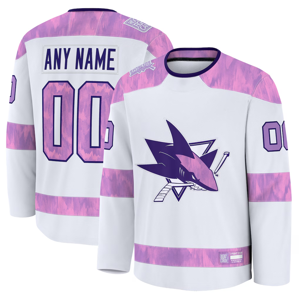 Gdoa Custom S.Jose Sharks White 2024 Hockey Fights Cancer Practice Jerseys
