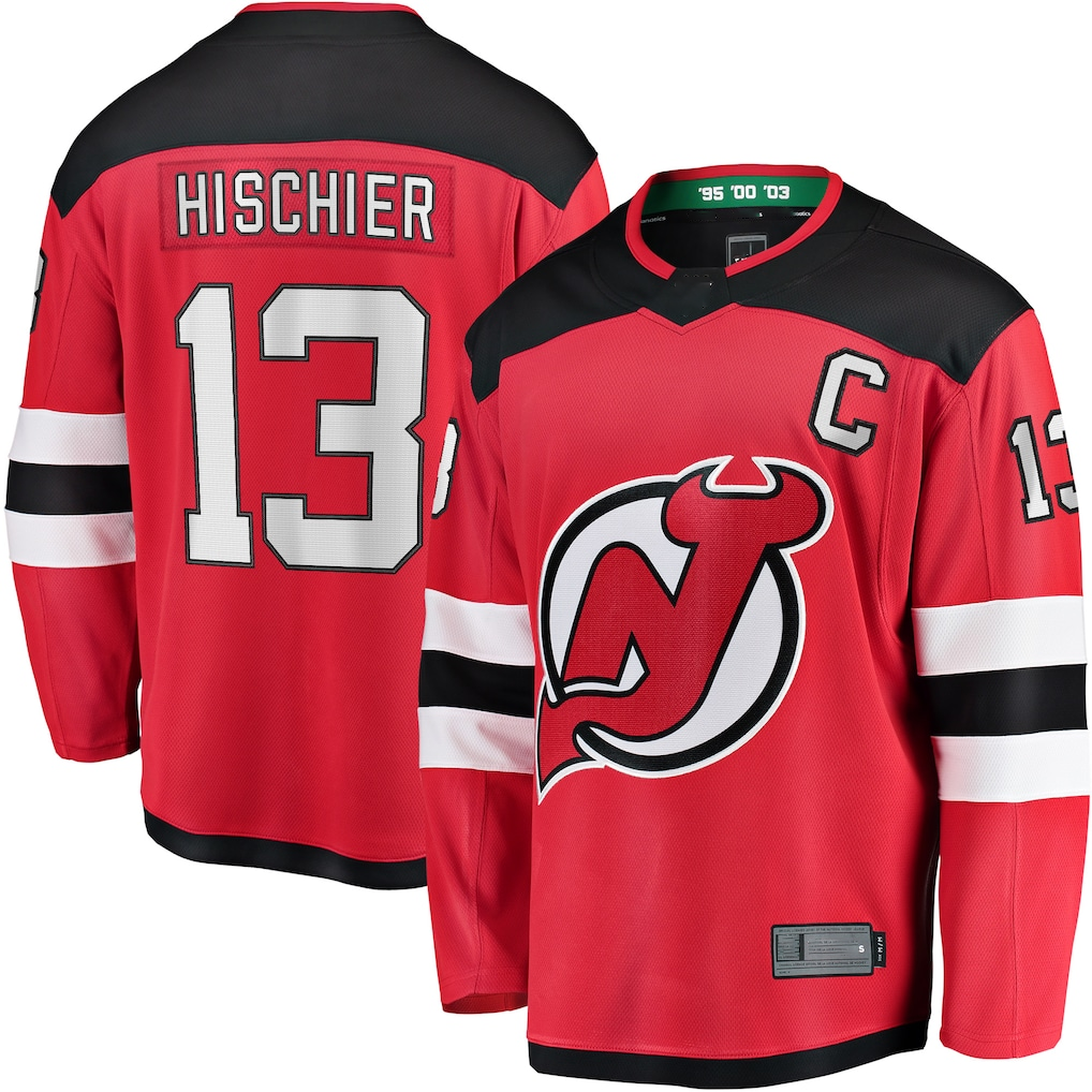 Gdoa N.Jersey Devils #13 Nico Hischier Red Captain Patch Home Breakaway Jerseys