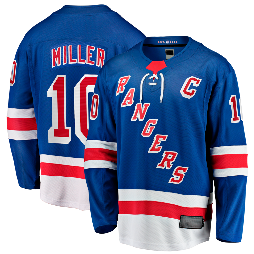 Gdoa NY.Rangers #10 JT Miller Blue Home Captain's Patch Breakaway Jerseys