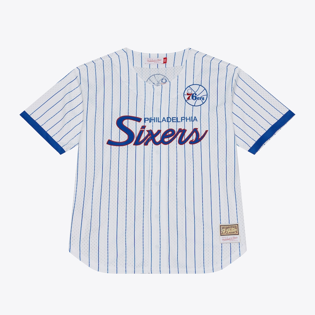 Edoa P.76ers Mitchell & Ness White Head Coach Pinstripe Mesh Full-Button Baseball Jerseys