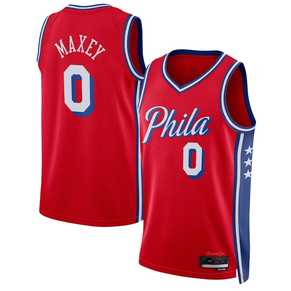 Edoa P.76ers #0 Tyrese Maxey  Red Swingman Jerseys - Statement Edition