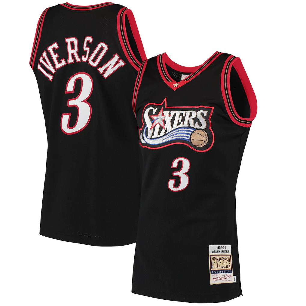 Edoa P.76ers #3 Allen Iverson Mitchell & Ness Black 1997-98 Hardwood Classics Authentic Jerseys
