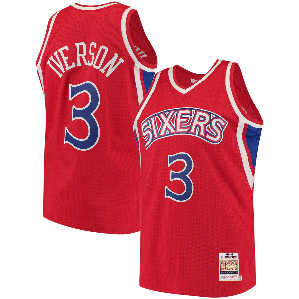 Edoa P.76ers #3 Allen Iverson Mitchell & Ness Red 199697 Hardwood Classics Authentic Jerseys