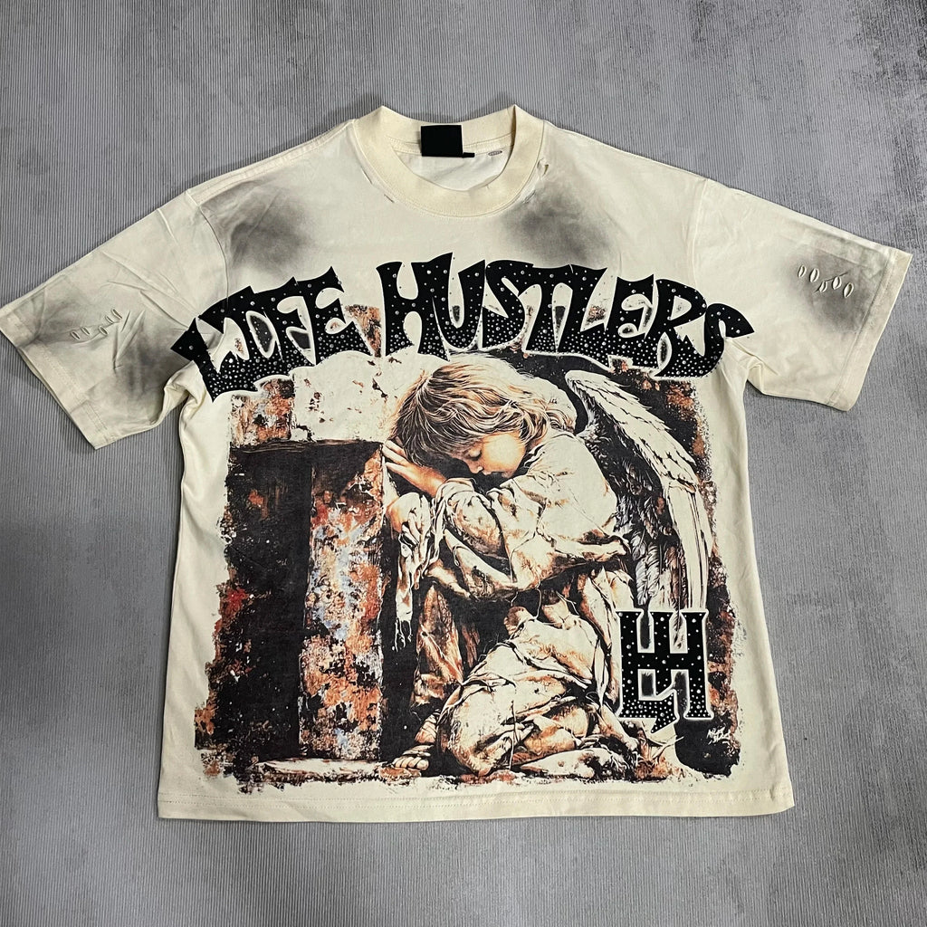 Cheap T-shirt Jerseys New fashion brand LIFE HUSTLERS Y2K hot stamping hole Men Women T-shirt Streetwear 100% Cotton Loose Round Neck Top Tees