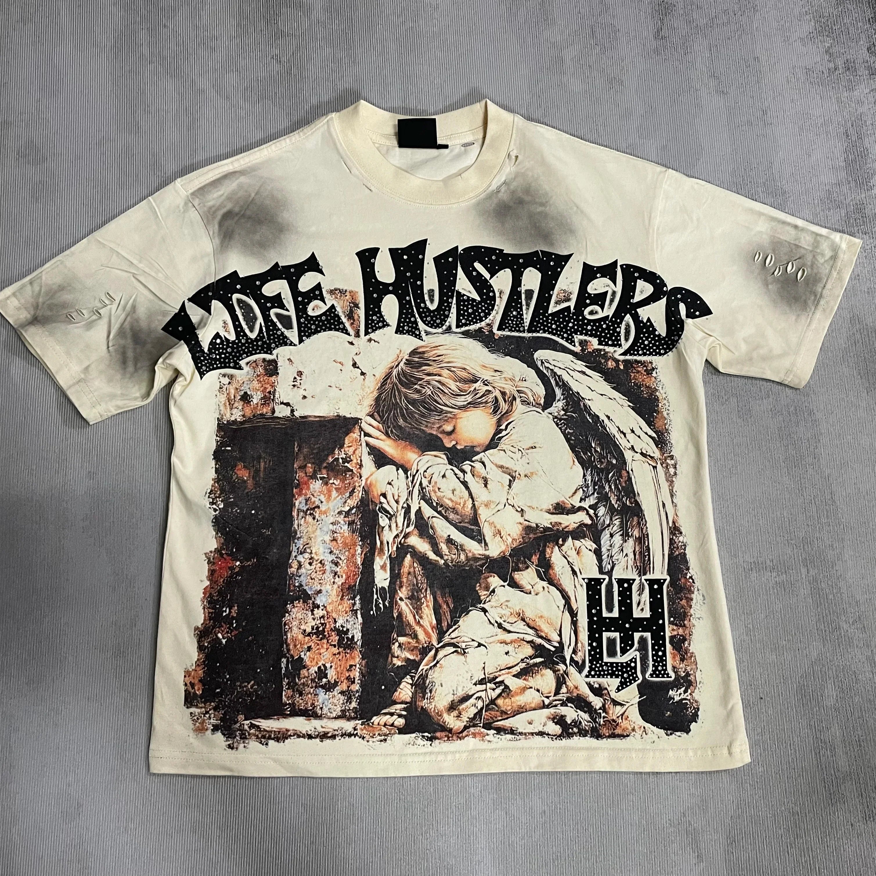 Cheap T-shirt Jerseys New fashion brand LIFE HUSTLERS Y2K hot stamping hole Men Women T-shirt Streetwear 100% Cotton Loose Round Neck Top Tees