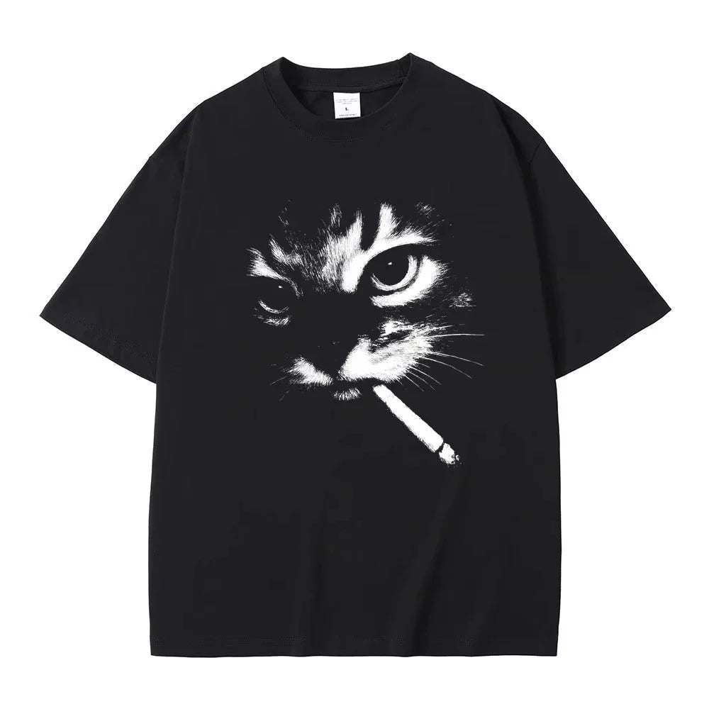 Cheap T-shirt Jerseys Funny Meme Smoking Cat Face Graphic T-shirts Men Women Casual Cotton Vintage T Shirts Men's Oversized T-shirts Cats Lovers Gifts