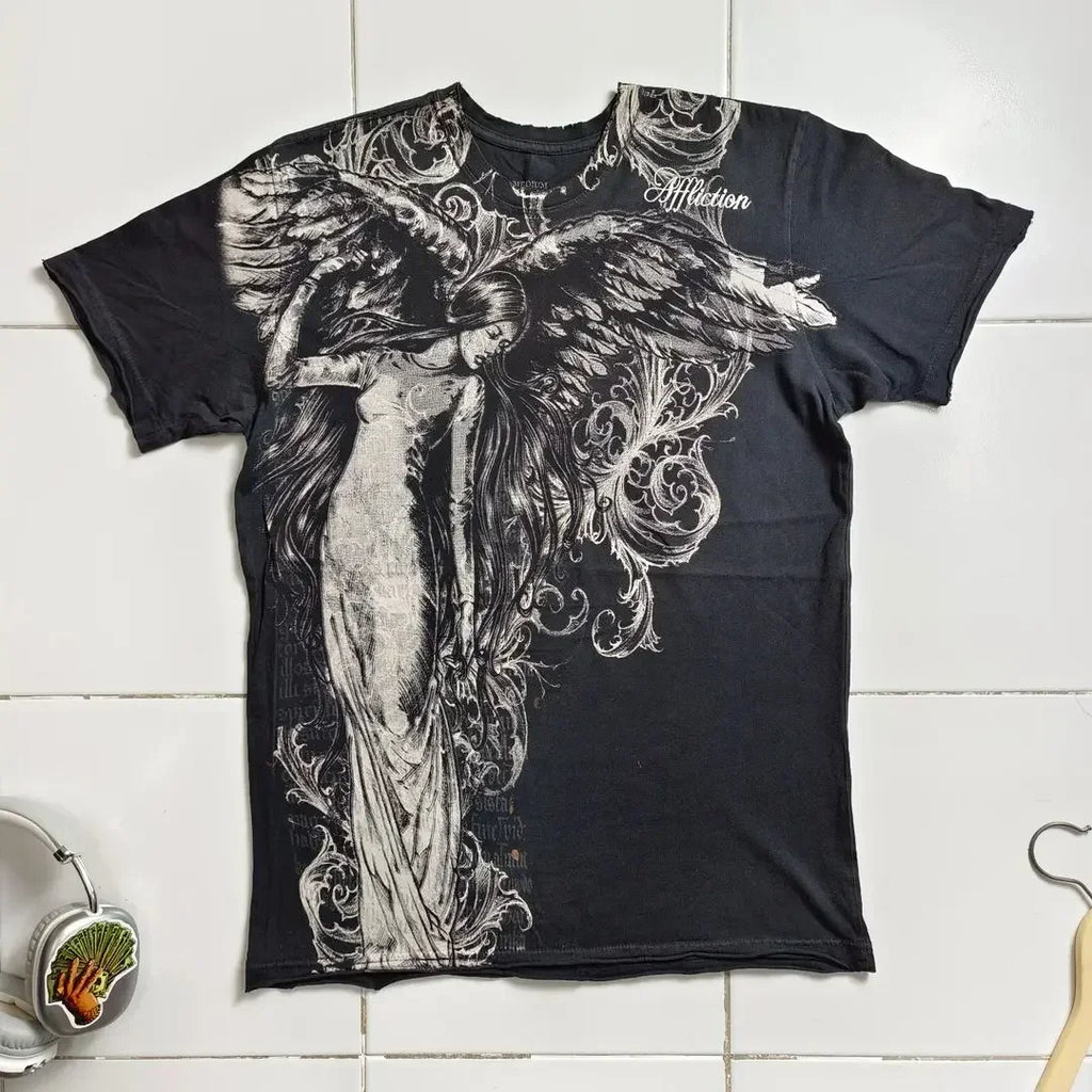 Cheap T-shirt Jerseys 90s American Suffering Trendy Retro Fashion Print Round Neck Short Sleeved T shirt Women Y2K Street Style Gothic Couple Sports