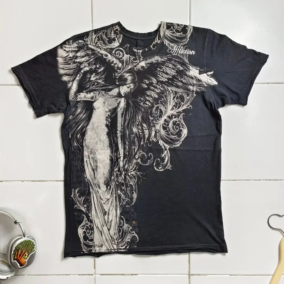Cheap T-shirt Jerseys 91s High Street Shirts Women Graphic Print Oversized T Shirt Harajuku Gothic Round Neck Cotton Short Sleeve Tops New