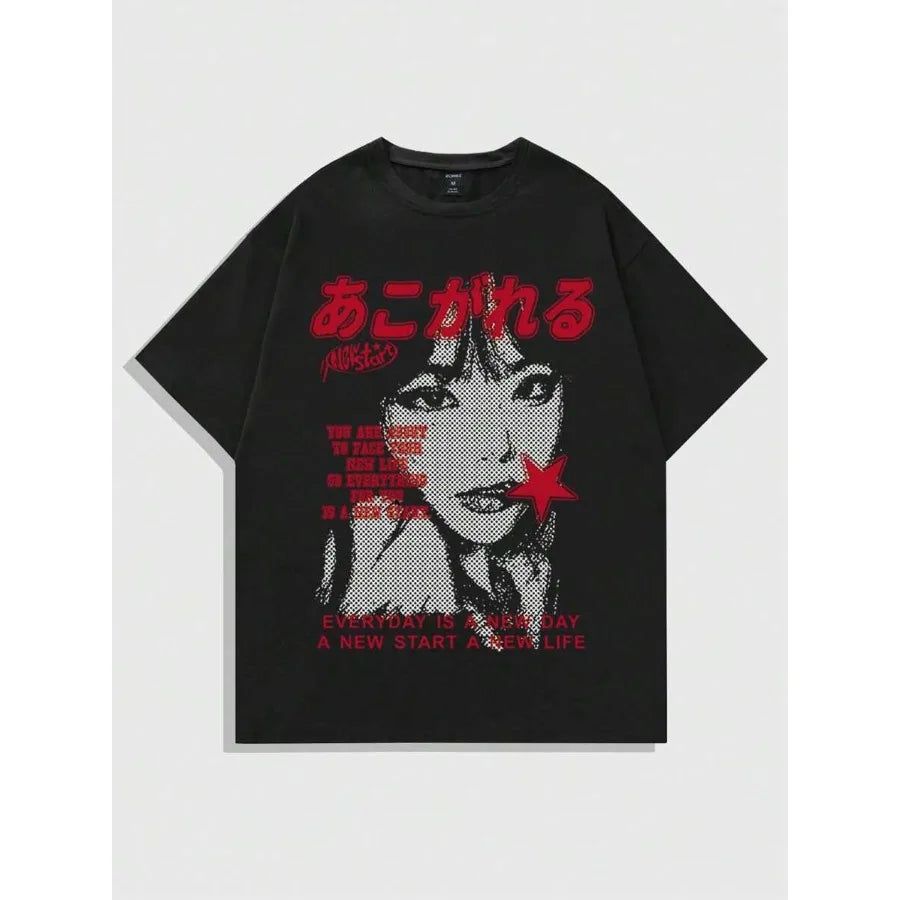 Cheap T-shirt Jerseys【New Arrival】Harajuku Y2K Anime Girl "Everyday is a New Day" Graphic T-Shirt | Grunge Black Cotton Tee