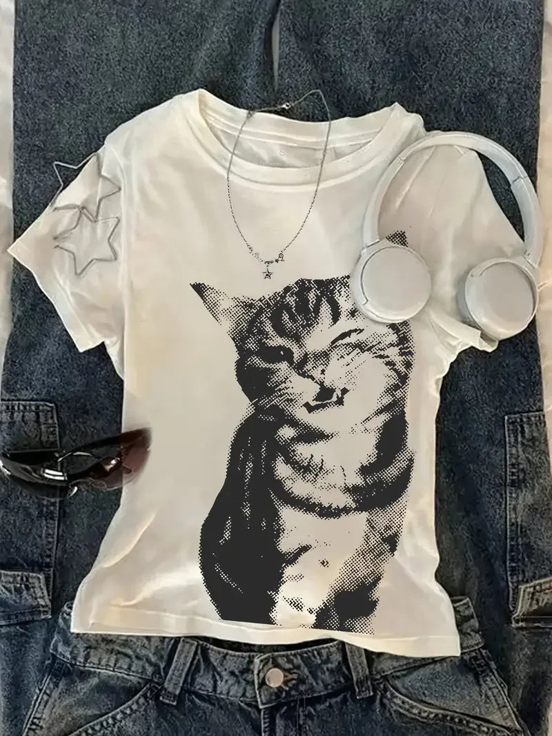Cheap T-shirt Jerseys Summer Harajuku Letter Graphic T Shirts Y2k Tops Cat Print Women High Street Oversized T Shirt Streetwear Vintage Tee Clothing