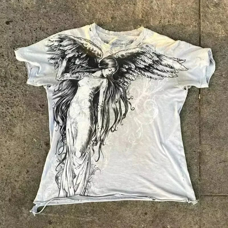 Cheap T-shirt Jerseys Classic Y2K Gothic Style T-shirt Print Oversized T Shirt High Street Shirts Gothic Round Neck Cotton Tops New Mens Women T Shirt