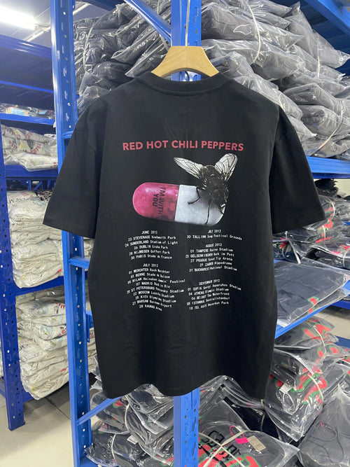 Cheap T-shirt Jerseys 25SS High quality Vintage Rock Red Chili Printed Band Short Sleeve Heavy Washed Cotton Loose Casual Oversize Street Pop T-shirt