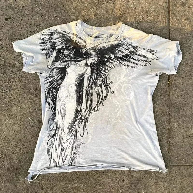 Cheap T-shirt Jerseys 2025 New pure cotton American retro skull print T-shirt with round neck and short sleeve women summer European and American tops