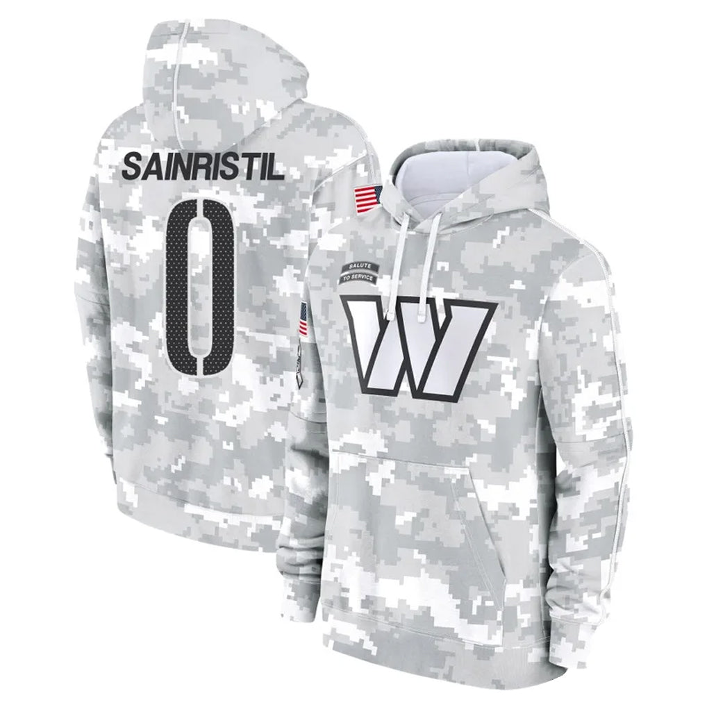 W.Commanders #0 Mike Sainristil Player Arctic Camo Salute to Service Hoodies Football Jerseys