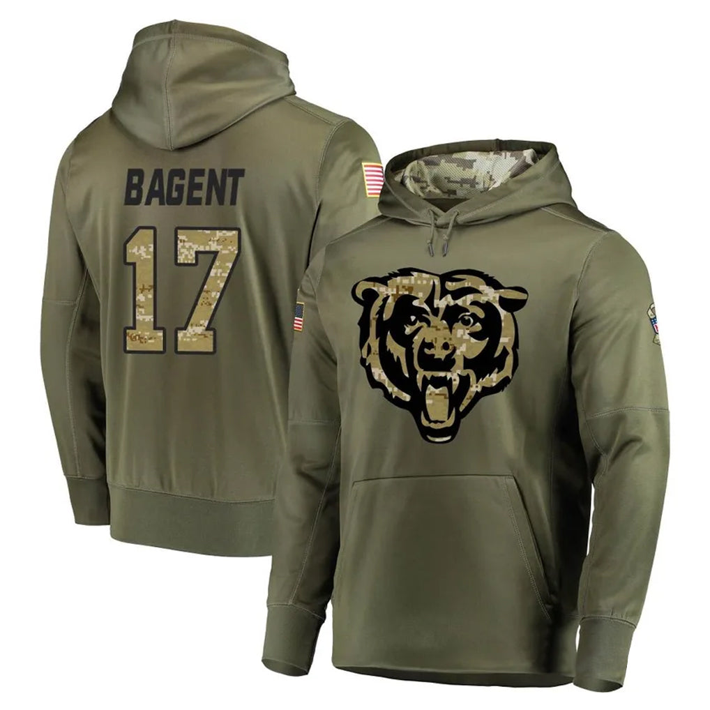 C.Bears #17 Tyson Bagent Player Olive Salute to Service Pullover Hoodies Home Game Gdoa Stitched Jerseys