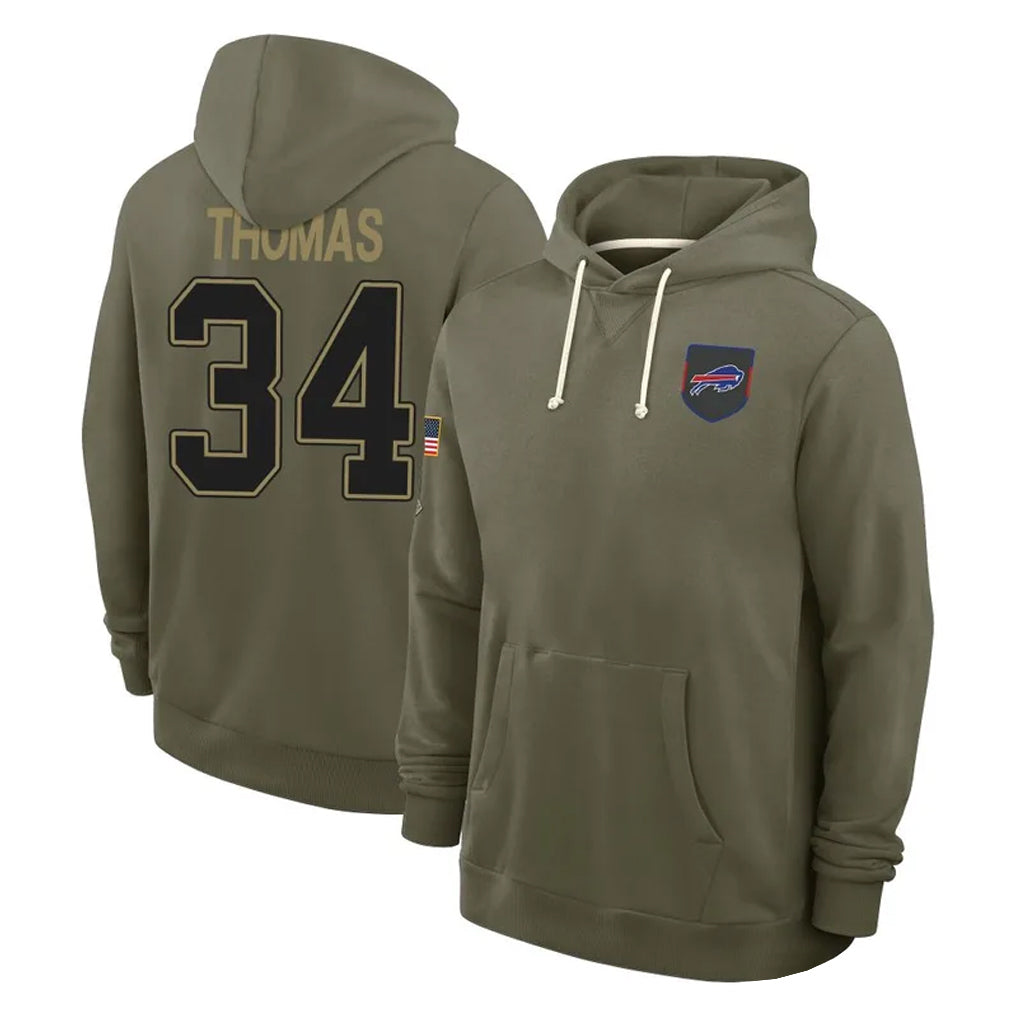 B.Bills #34 Thurman Thomas Player Olive Salute to Service Hoodies Gdoa Stitched Jerseys