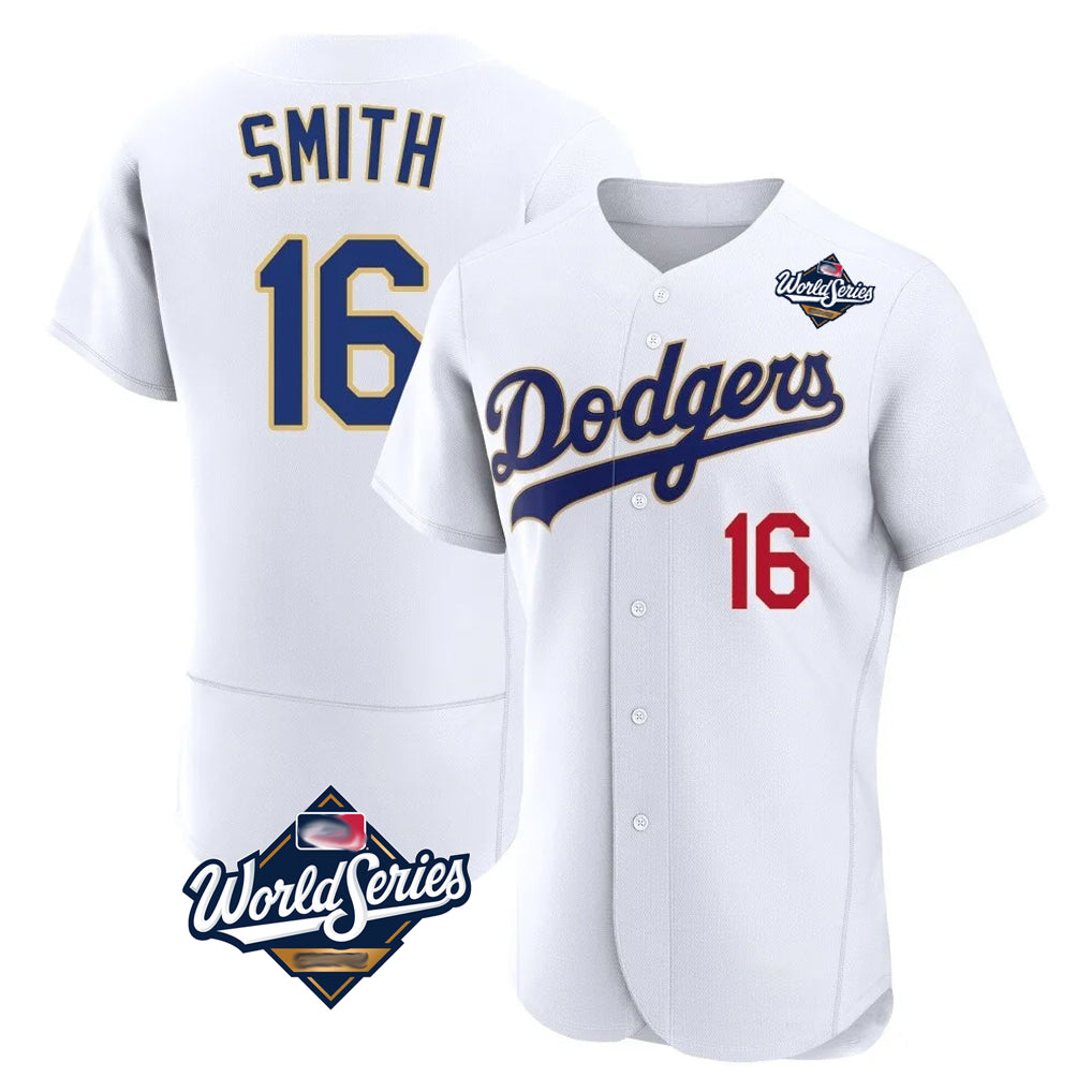 LA.Dodgers #16 Will Smith Player Gold White World Series 2026 Collection Stadium Limited Elite Fdoa Stitched Jerseys
