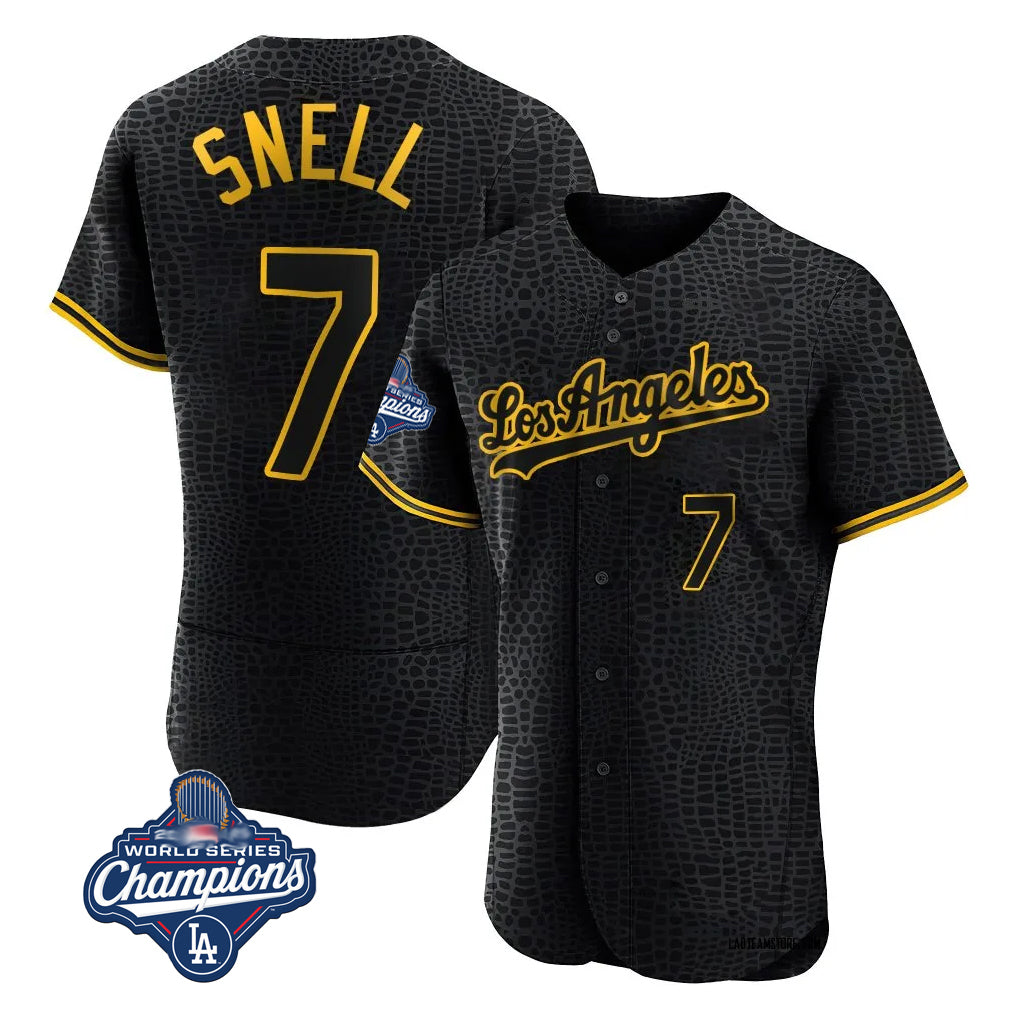 LA.Dodgers #7 Blake Snell Player Black Snake Skin City Limited Elite World Series Meet Home Fdoa Stitched Jerseys