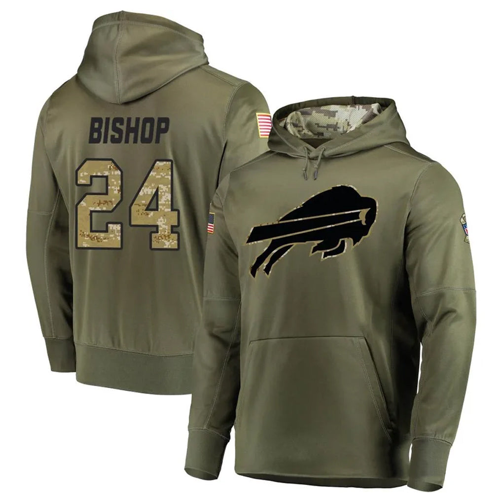 B.Bills #24 Cole Bishop Player Olive Salute to Service Hoodies Game Gdoa Stitched Jerseys