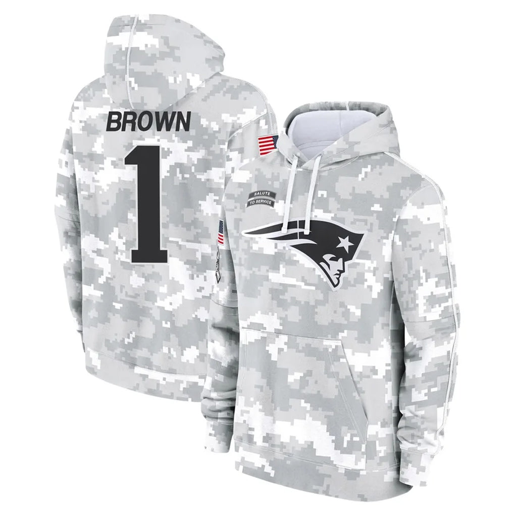 NE.Patriots #1 A.J. Brown Player Arctic Camo Salute to Service Pullover Hoodies Limited Game Gdoa Stitched Jerseys