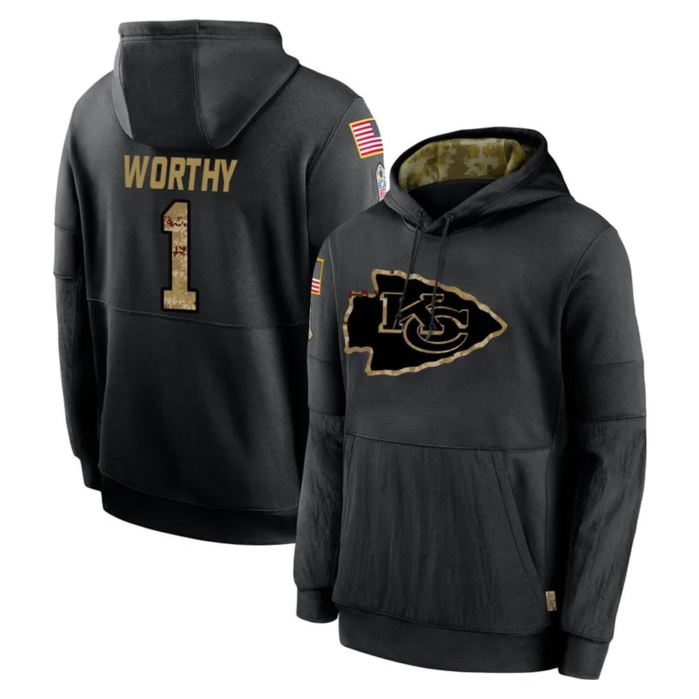 KC.Chiefs #1 Xavier Worthy Player Black Salute to Service Hoodies Limited Game Gdoa Stitched Jerseys