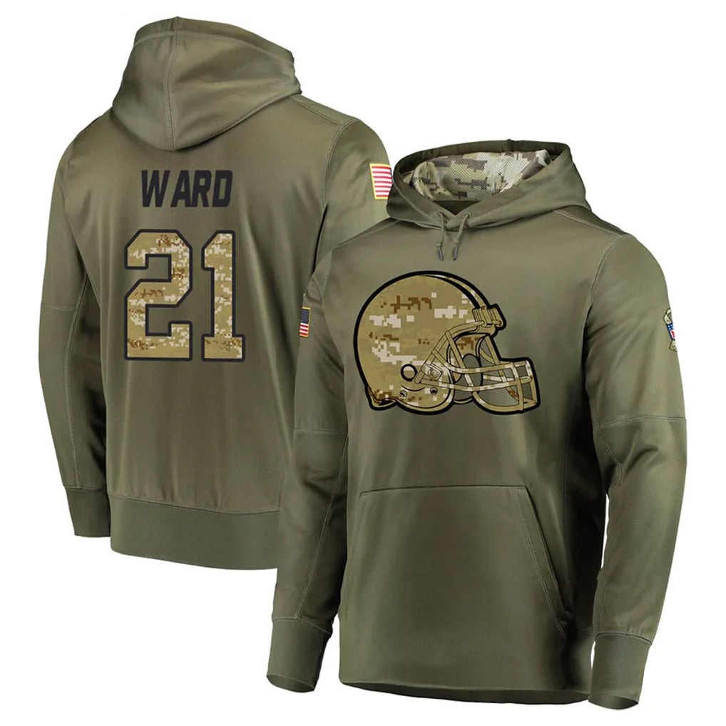 C.Browns #21 Denzel Ward Player Olive Salute to Service Pullover Hoodies Home Game Gdoa Stitched Jerseys