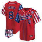 B.Orioles #8 Cal Ripken Player Red USA 250 Independence Day Vapor Premier Limited Home Game Gdoa Stitched Jerseys