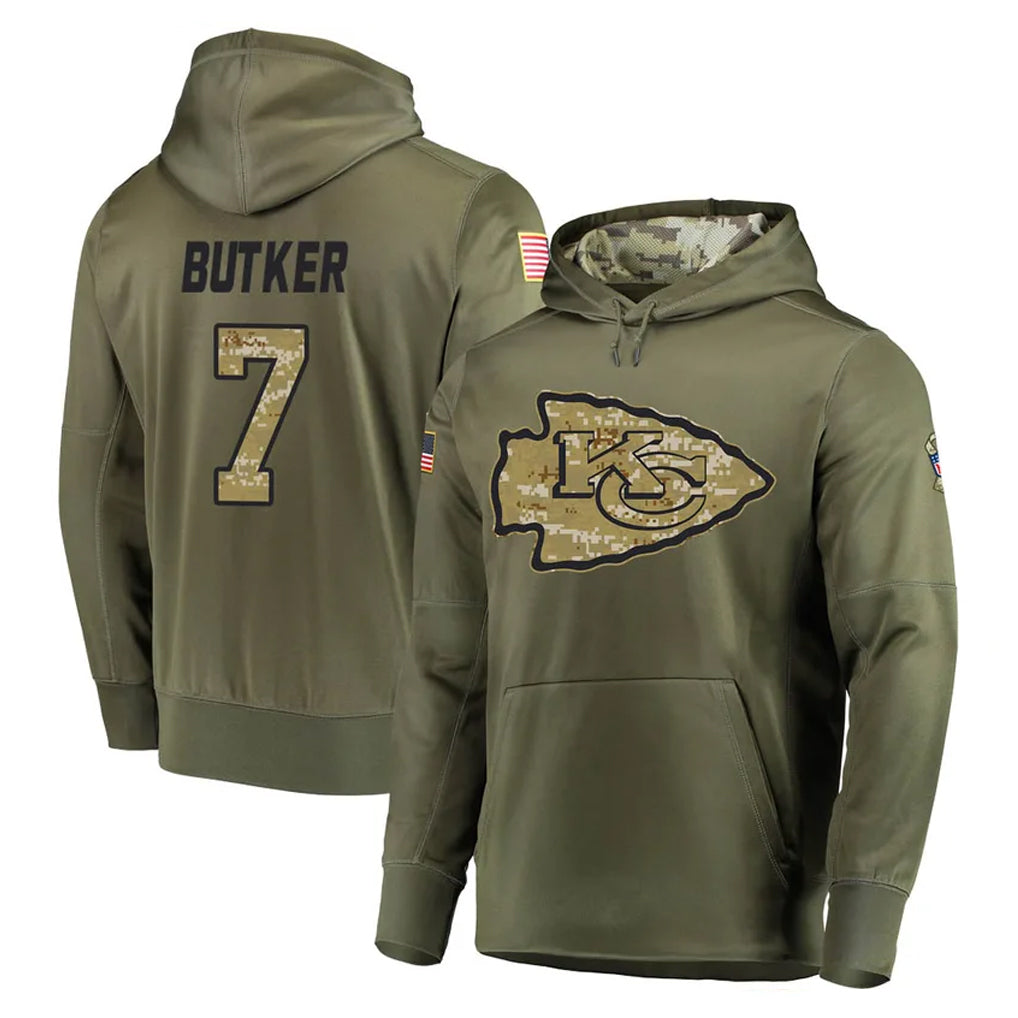 KC.Chiefs #7 Harrison Butker Player Olive Salute to Service Pullover Hoodies Home Game Gdoa Stitched Jerseys