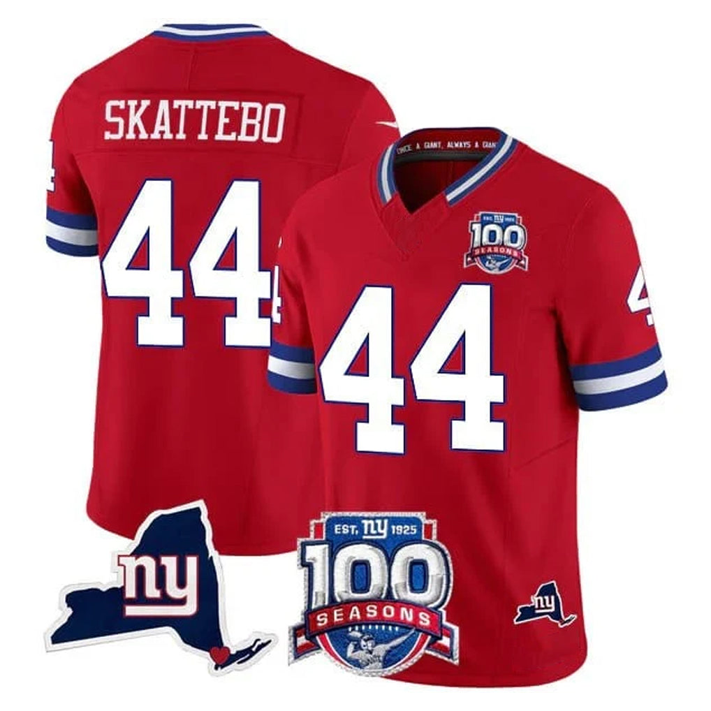 NY.Giants #44 Cam Skattebo Player Red 100th Season & State Patch Vapor Limited Home Game Gdoa Stitched Jerseys