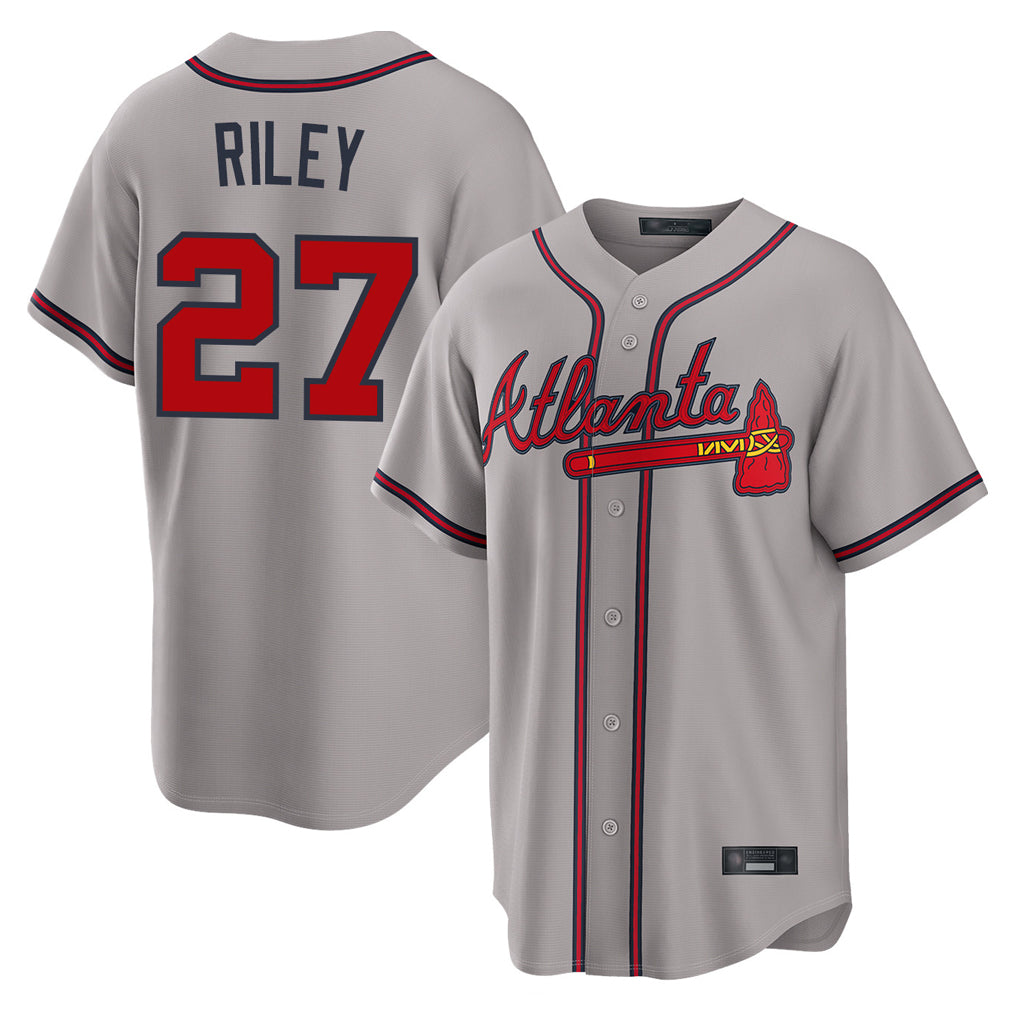A.Braves #27 Austin Riley Player Gray Home Game Gdoa Stitched Jerseys