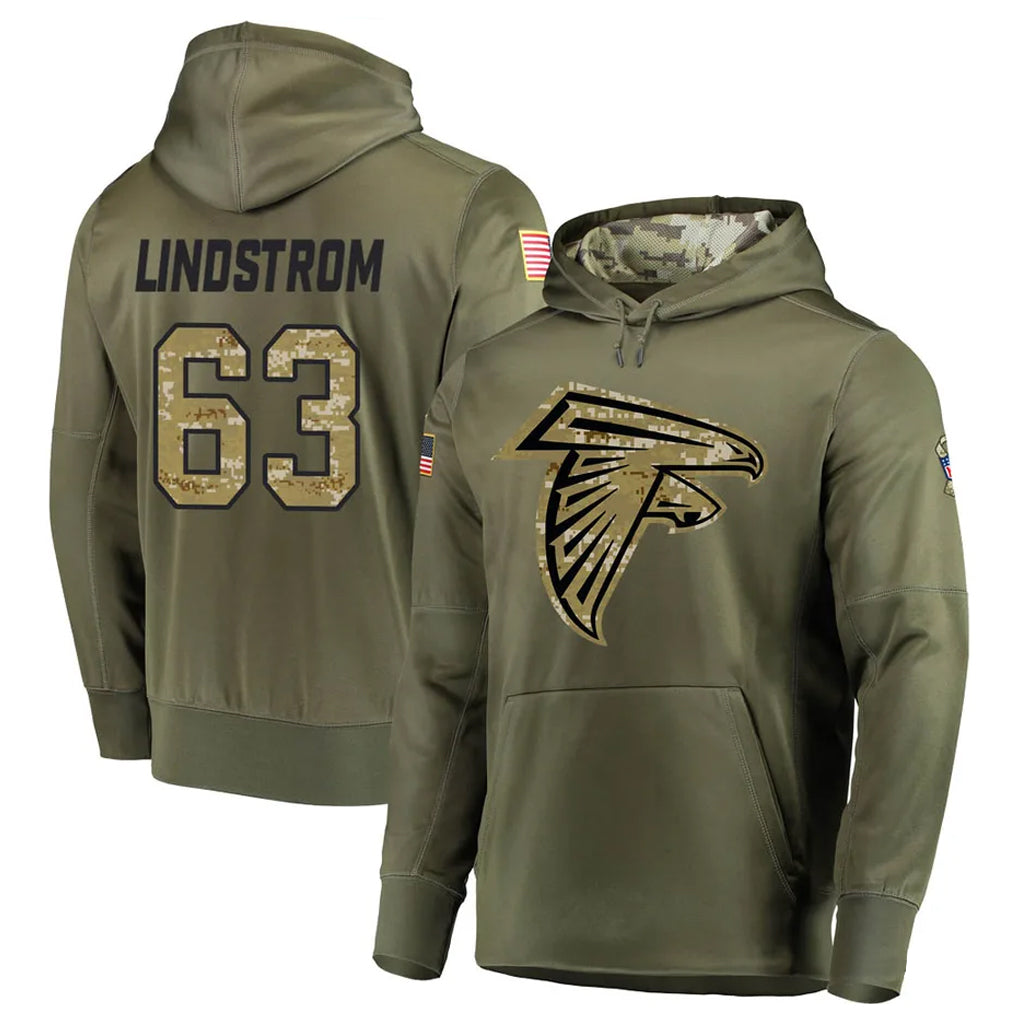 A.Falcons #63 Chris Lindstrom Player Olive Salute to Service Club Fleece Hoodie Gdoa Stitched Jerseys