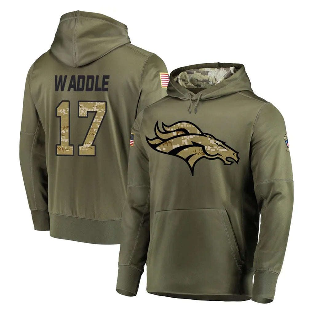 D.Broncos #17 Jaylen Waddle Player Olive Salute to Service Pullover Hoodies Home Game Gdoa Stitched Jerseys