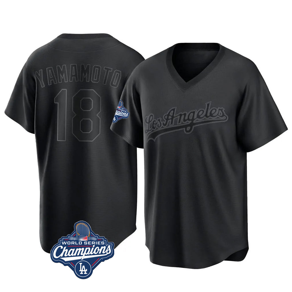 LA.Dodgers #18 Yoshinobu Yamamoto Player Black World Series Meet Pitch Fashion T-shirt Fdoa Stitched Jerseys