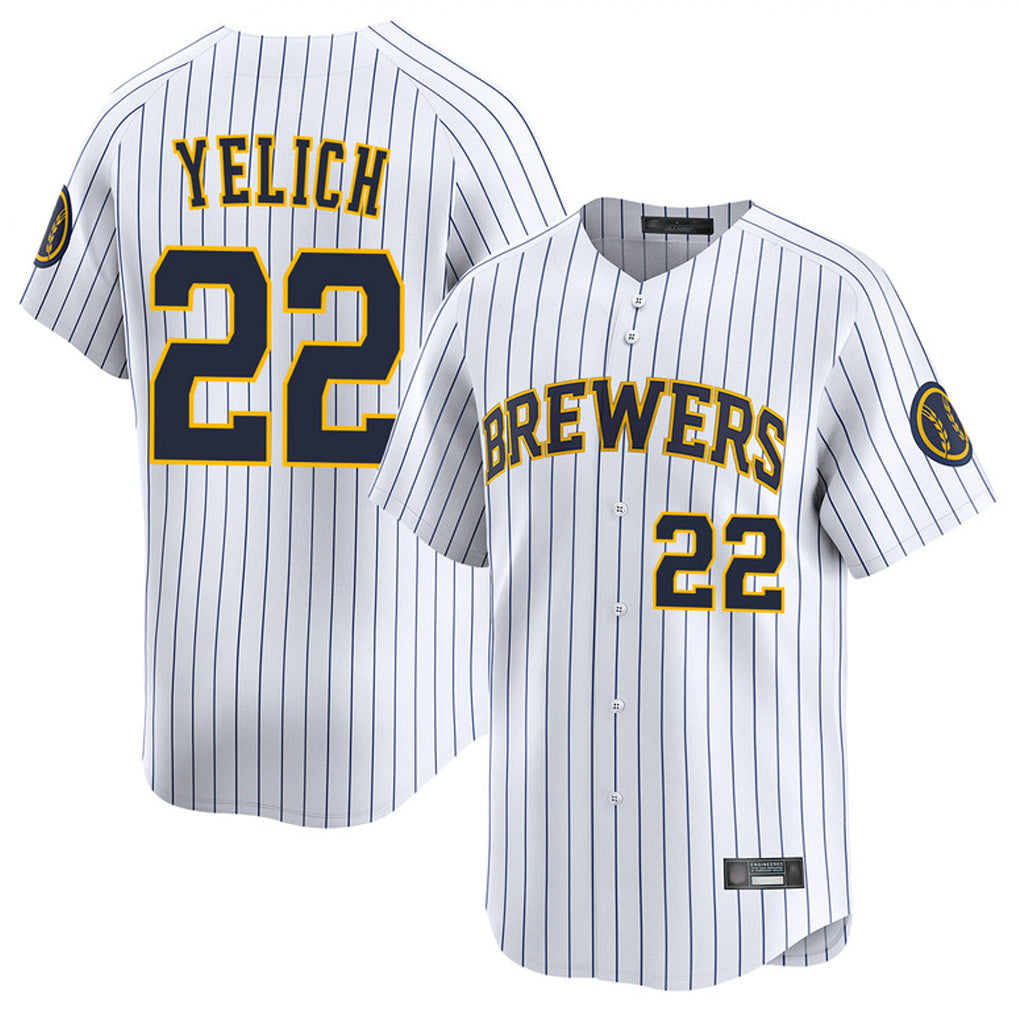 M.Brewers #22 Christian Yelich Player White Stripes Home Limited Game Fdoa Stitched Jerseys