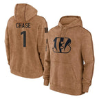 C.Bengals #1 Ja'Marr Chase Player Brown Salute to Service Pullover Hoodie Limited Gdoa Stitched Jerseys