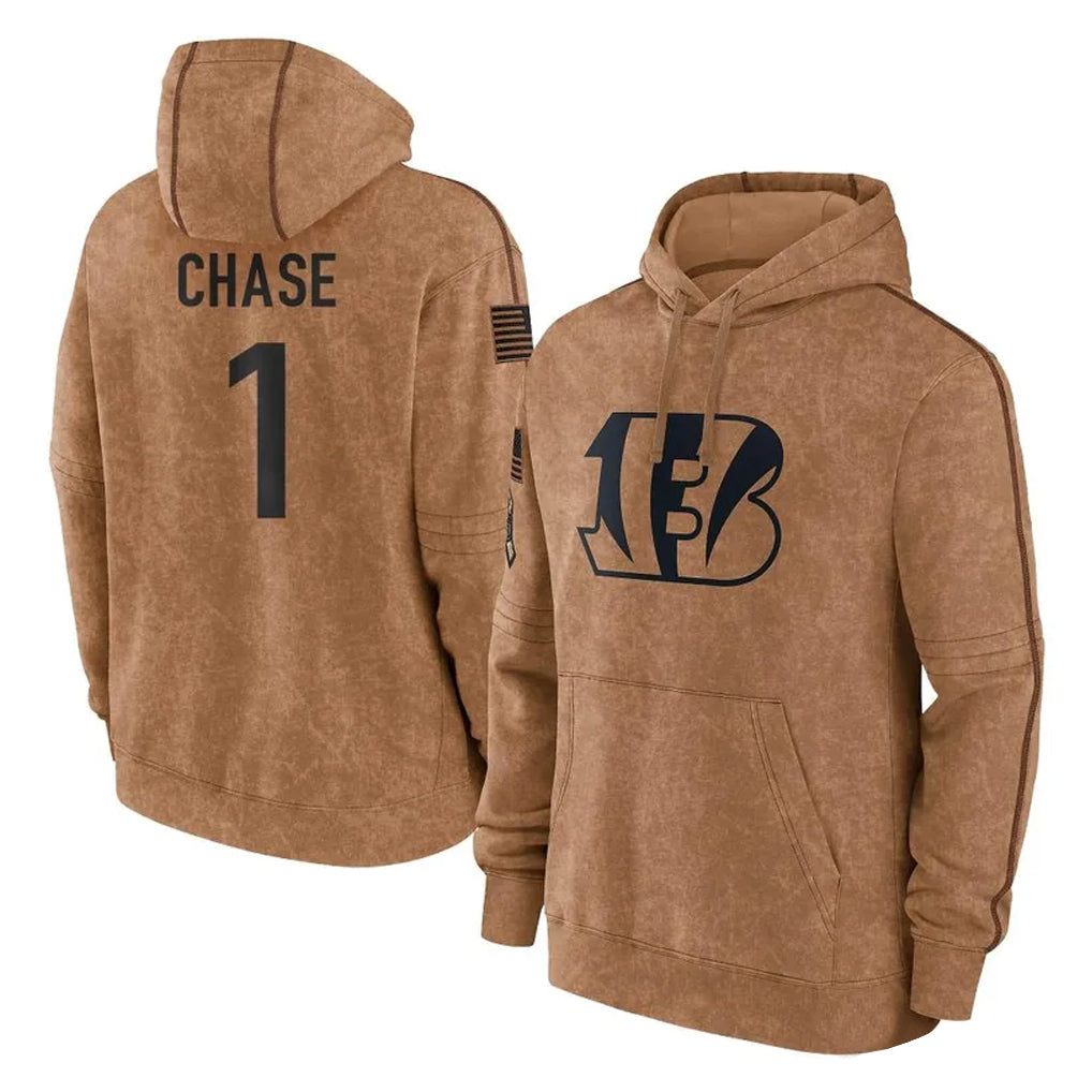 C.Bengals #1 Ja'Marr Chase Player Brown Salute to Service Pullover Hoodie Limited Gdoa Stitched Jerseys