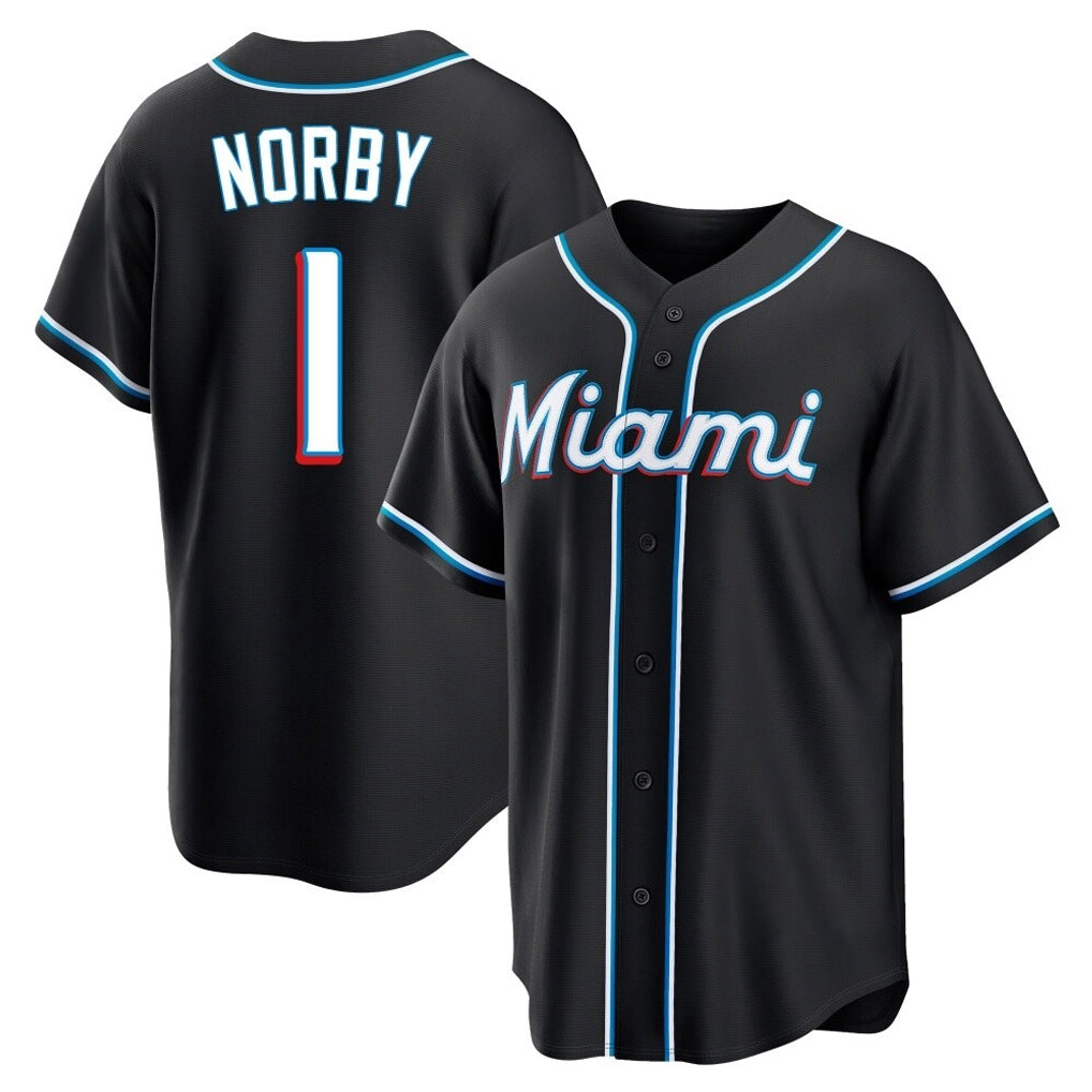 M.Marlins #1 Connor Norby Player Black Fashion Out Home Game Fdoa Stitched Jerseys