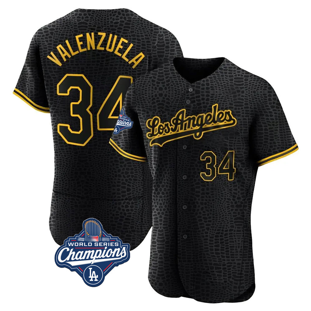 LA.Dodgers #34 Fernando Valenzuela Player Black World Series Meet Snake Skin City Limited Elite Home Fdoa Stitched Jerseys