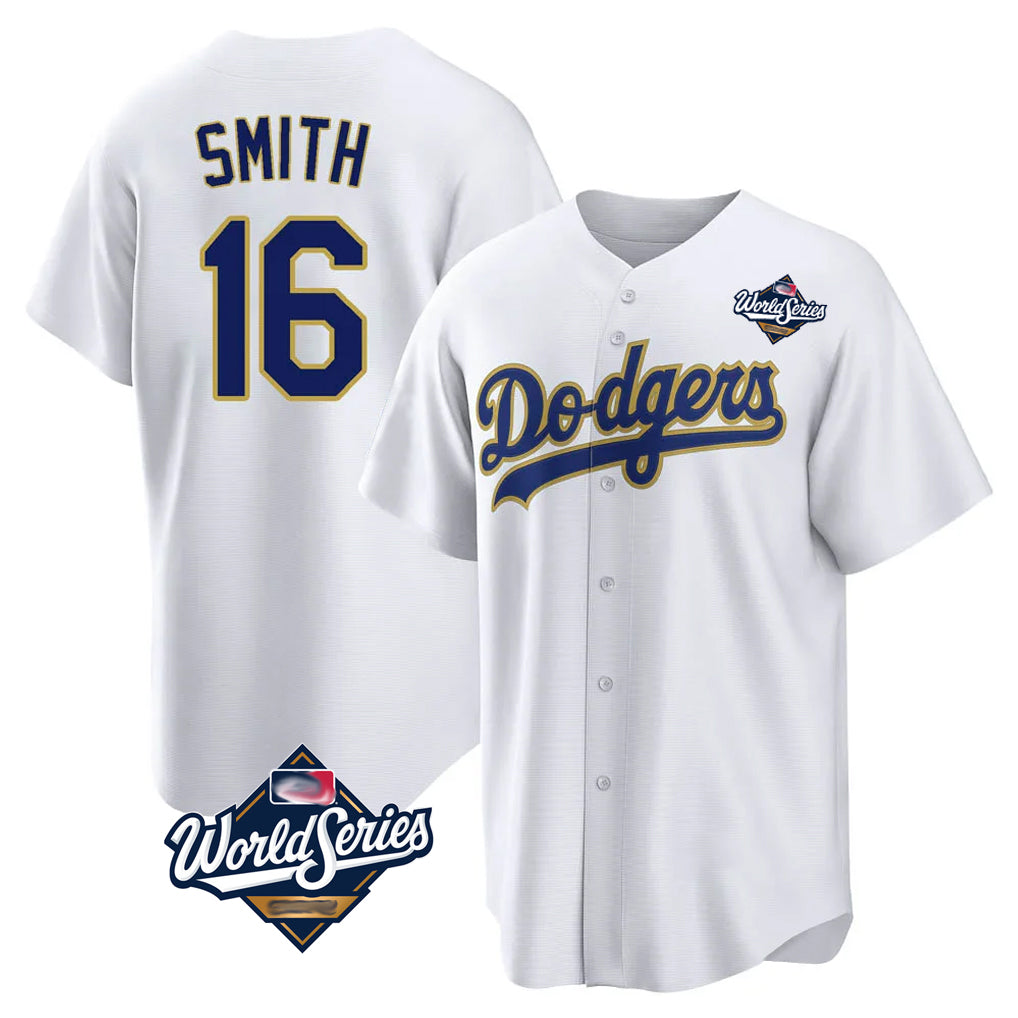 LA.Dodgers #16 Will Smith Player Gold White World Series 2026 Collection Stadium Game Fdoa Stitched Jerseys