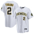 M.Brewers #2 Brice Turang Player White Stripes Home Limited Game Fdoa Stitched Jerseys