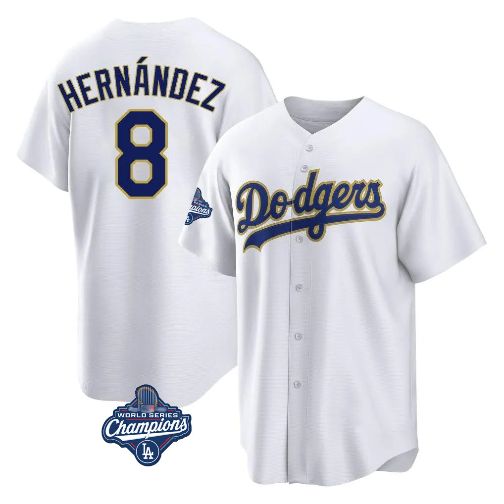 LA.Dodgers #8 Enrique Hern¨¢ndez Player Gold White World Series Meet 2026 Collection Stadium Game Fdoa Stitched Jerseys