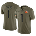 C.Bengals #1 Ja'Marr Chase Player Olive Salute to Service Limited Game Gdoa Stitched Jerseys