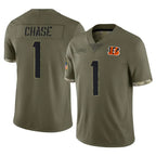 C.Bengals #1 Ja'Marr Chase Player Olive Salute to Service Limited Game Gdoa Stitched Jerseys