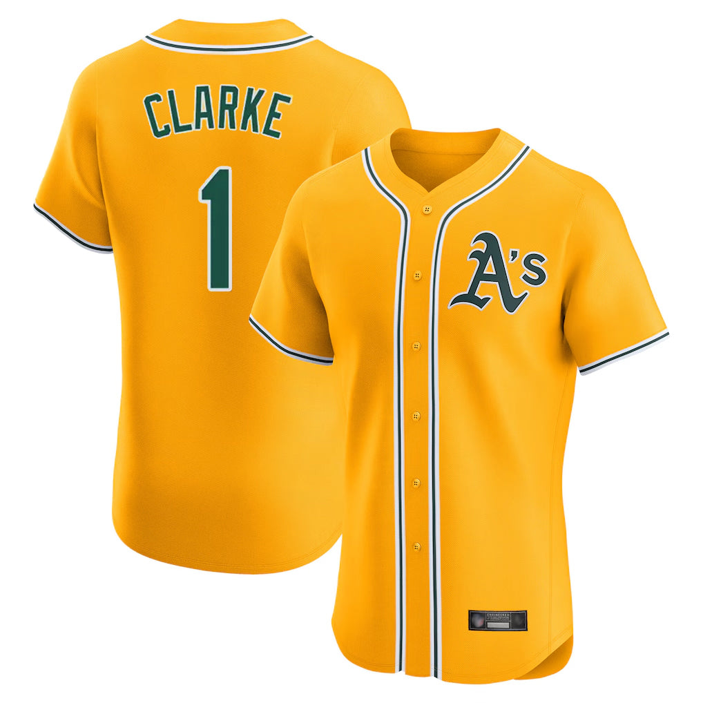Athletics #1 Denzel Clarke Player Gold Limited Elite Home Game Gdoa Stitched Jerseys